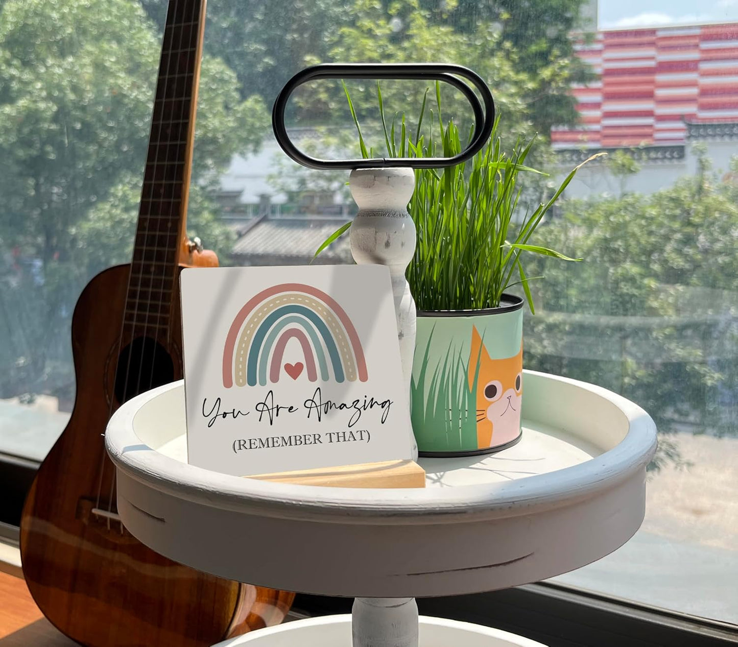 Primitive Wooden Sign, You are Amazing Remember That, Desk Plaque with Wooden Stand 4 x 4.3 inches, Rustic Home Decor, Farmhouse Sign, Inspirational Quotes Gifts for Friend Family, Cheer Up Gift B