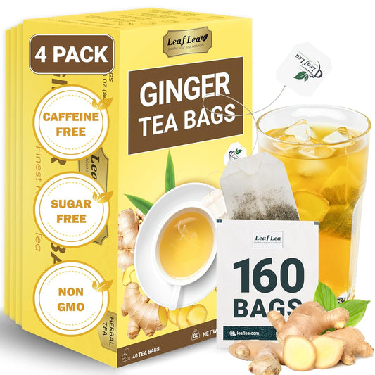 LeafLea 160 Ginger Tea Bags, Pure Ginger Root Herbal Tea, Spicy & Comforting, Supports Digestion & Immune Health, Caffeine Free, Sugar Free, Non-GMO, Vegan, Individually Wrapped for Freshness