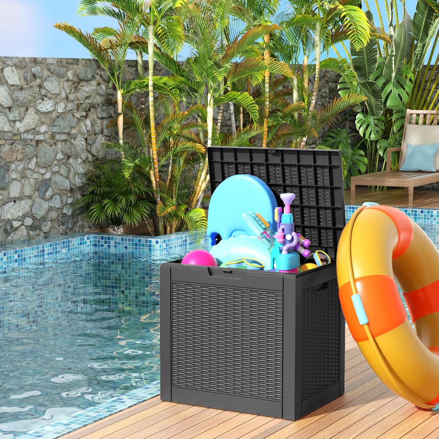 30 Gallon Resin Deck Box, Lockable Patio Outdoor Storage Box for Furniture, Garden Tools and Tools Storage, Waterproof Outside Storage Boxes - Black