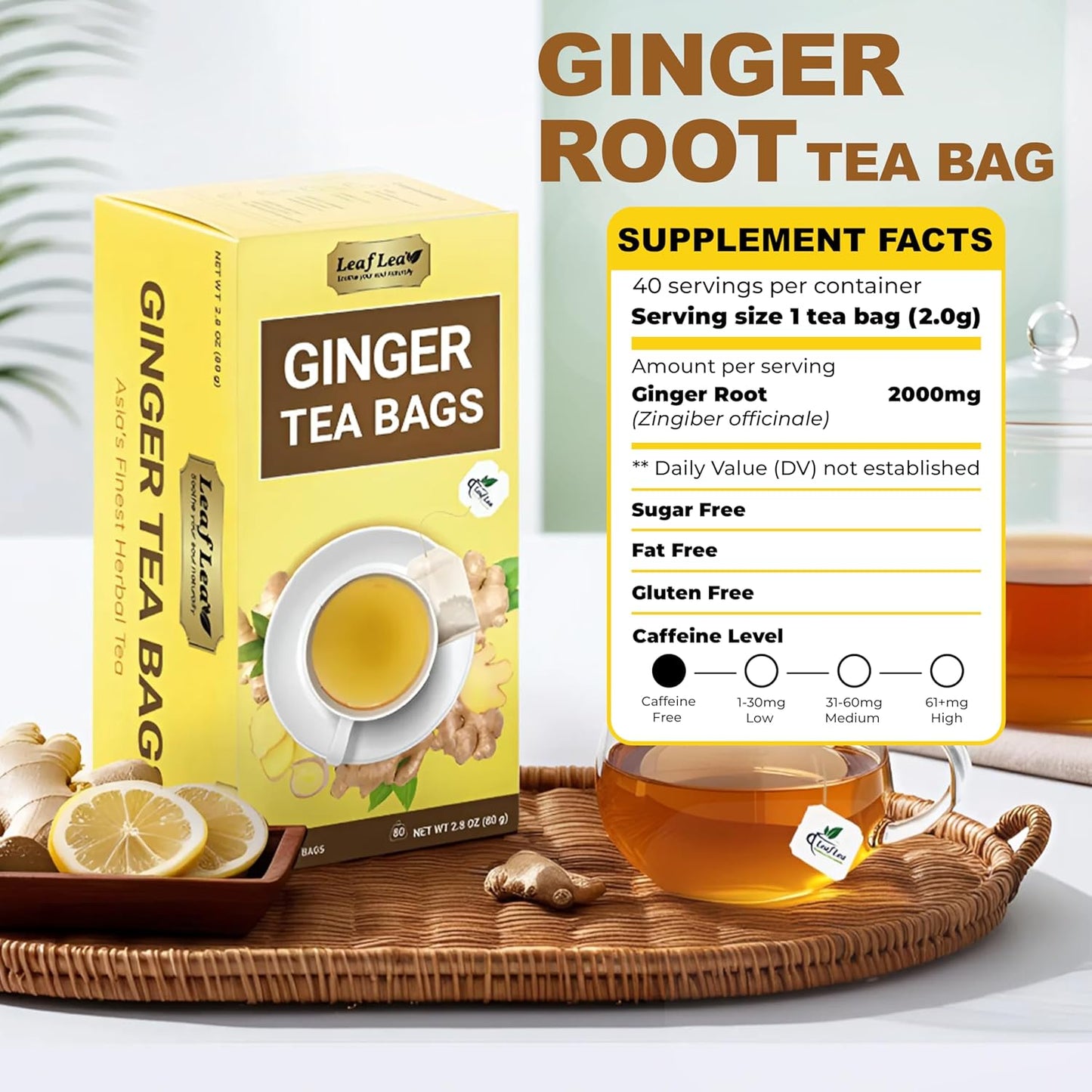 LeafLea 120 Ginger Tea Bags, 100% Pure Ginger Root Herbal Tea, Spicy & Warming Flavor, Supports Digestion & Immune Health, Individually Wrapped, Caffeine-Free, Sugar-Free, Gluten-Free, Non-GMO, Vegan