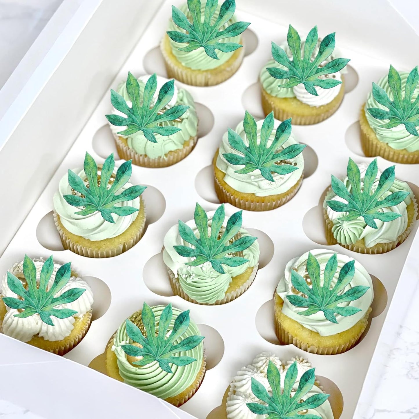 60 PCS Edible Tropical Turtle Leaves Cupcake Toppers Palm Leaves Cupcake Picks Hawaii Luau Party Decorations for Jungle Plant Leaf Summer Tropical Theme Baby Shower Birthday Party Decorations Green