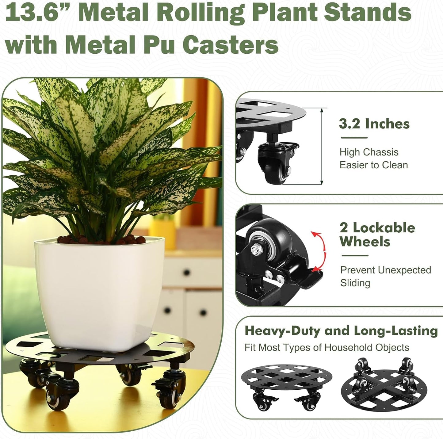 1 Pack 13.6 inches Large Metal Plant Caddy with Wheels Heavy-Duty Round Plant Stands with Casters Indoor Outdoor Flower Pot Mover Roller Base Garden Dolly Coasters Black, Strong Load Capacity