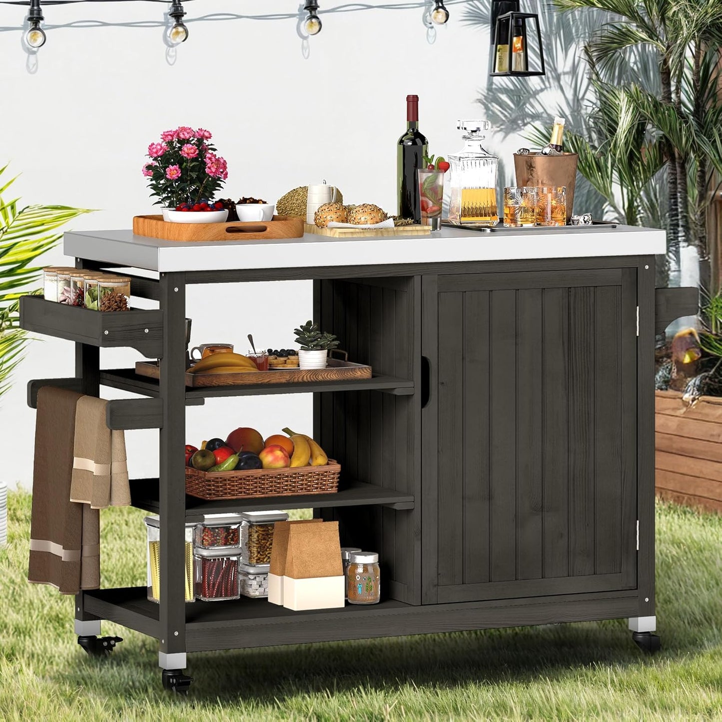 DWVO XL Outdoor Grill Table, Solid Wood Storage Table with Stainless Steel Top, Outdoor Kitchen Cart with Storage Cabinet for Patio, Kitchen Prep, Grilling Accessories, Brown