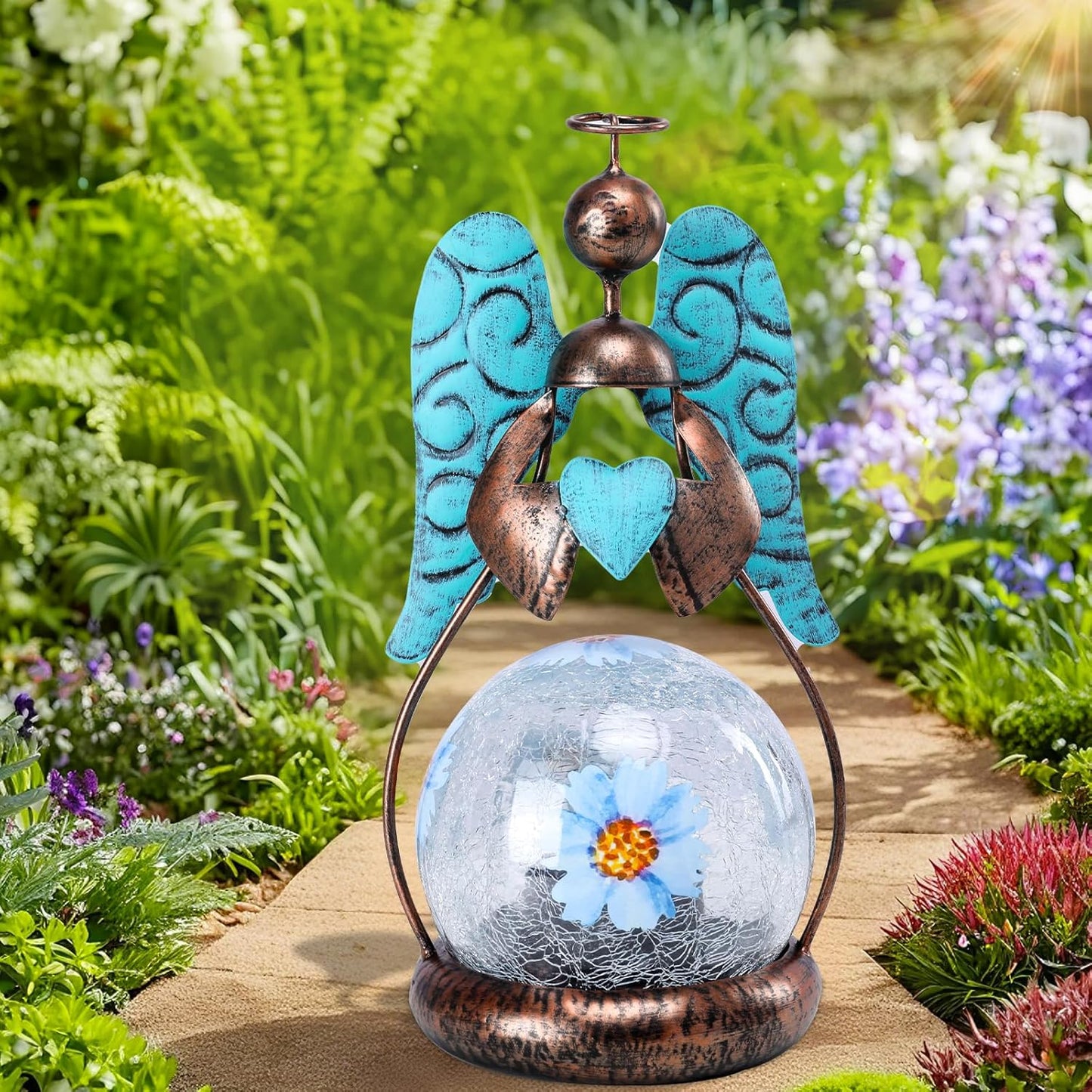 MUMTOP Angel Solar Lights Outdoor Garden - Solar Lanterns Light Decorative Waterproof with Glass Cracked Globe Tabletop Lantern Lamp Ornaments for Yard Patio Decor Gift (Hold Heart)