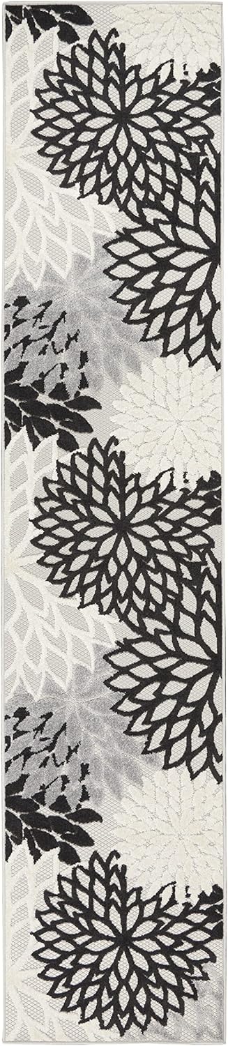 Nourison Aloha Indoor/Outdoor Black White 2'3" x 12' Area Rug, Tropical, Botanical, Easy Cleaning, Non Shedding, Bed Room, Living Room, Dining Room, Deck, Backyard, Patio (2x12)