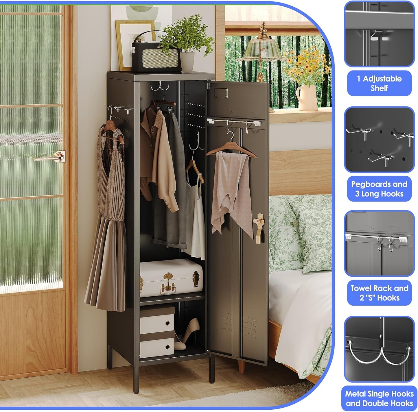 METAN Metal Storage Lockers with 1 Door and 1 Adjustable Shelf,55''H*15''W*15''D Steel Lockers with Hooks for School,Home,Office,Gym,Assembly Required,Black