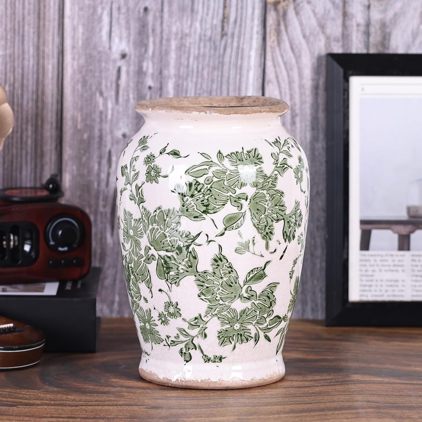 Vintage Vase for Flowers,Green Chinoiserie Ceramic Vase,Rustic Farmhouse Cracked Vases,for Flower Arrangement,Living Room, Office, Shelf, Fireplace Tables,Centerpieces,Chinoiserie Pottery Decor(B)