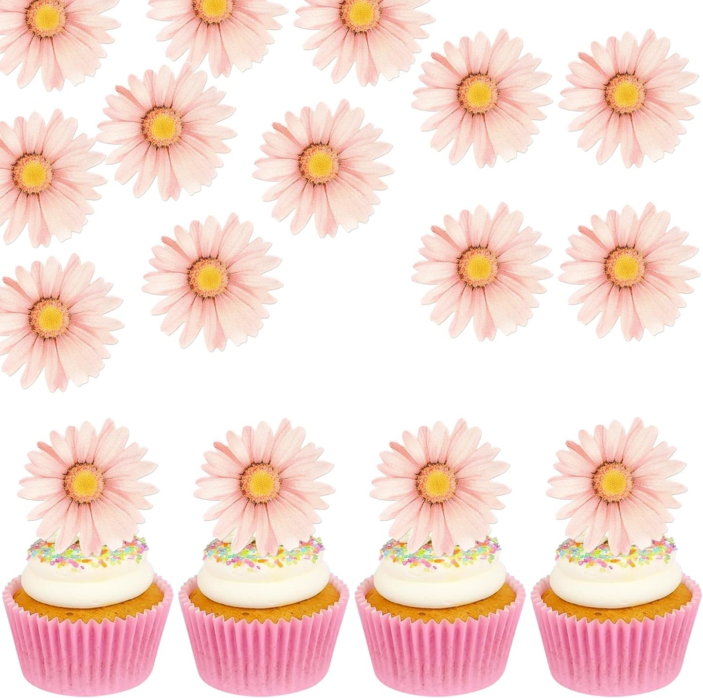 60 PCS Edible Daisy Cupcake Toppers Wafer Paper Daisy Cupcake Picks Edible Sunflower Birthday Party Decorations for Baby Shower Wedding Engagement Birthday Party Cake Food Decorations Supplies Pink