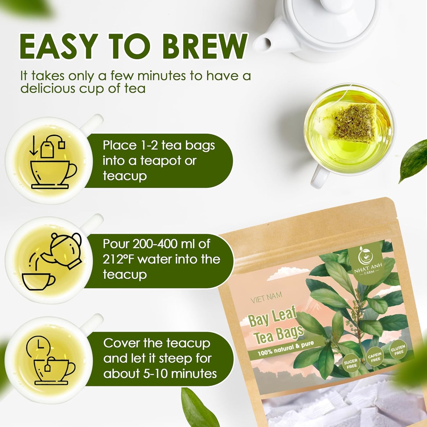 NHAT ANH FARM - Premium Bay Leaf Tea Bags, 40 Tea Bags, 100% Natural Dried Bay Leaf, Naturally Sweet Herbal Tea, Sugar-Free, Caffeine-Free, No Additives.