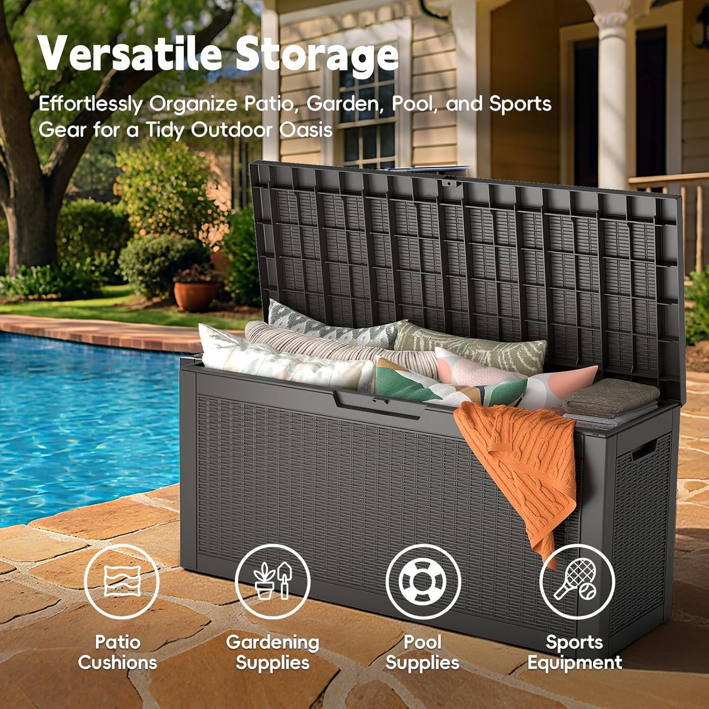 Outdoor Storage Box, 60 Gallon Waterproof Resin Deck Box, Storage Bin for Package Delivery, Patio Furniture Cushion, Garden Tools, Pool Accessories, Weatherproof and UV Resistant, Black