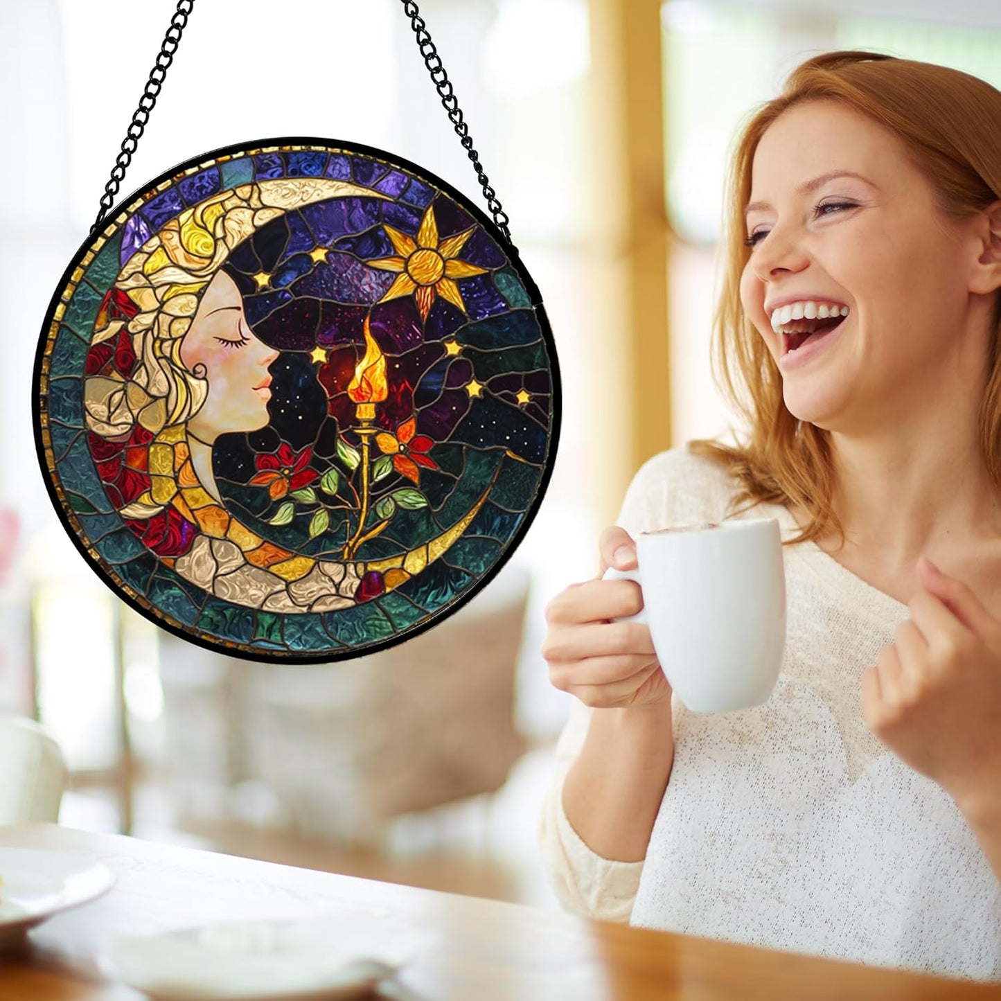 Stained Glass Window Hanging, Moon Goddess Torch Suncatcher Diamond Glass Panel Hangings Dream Sun Catchers Decor for Birthday for Women, Men, Wife, Aunt, and Mom 14.9x14.9 in