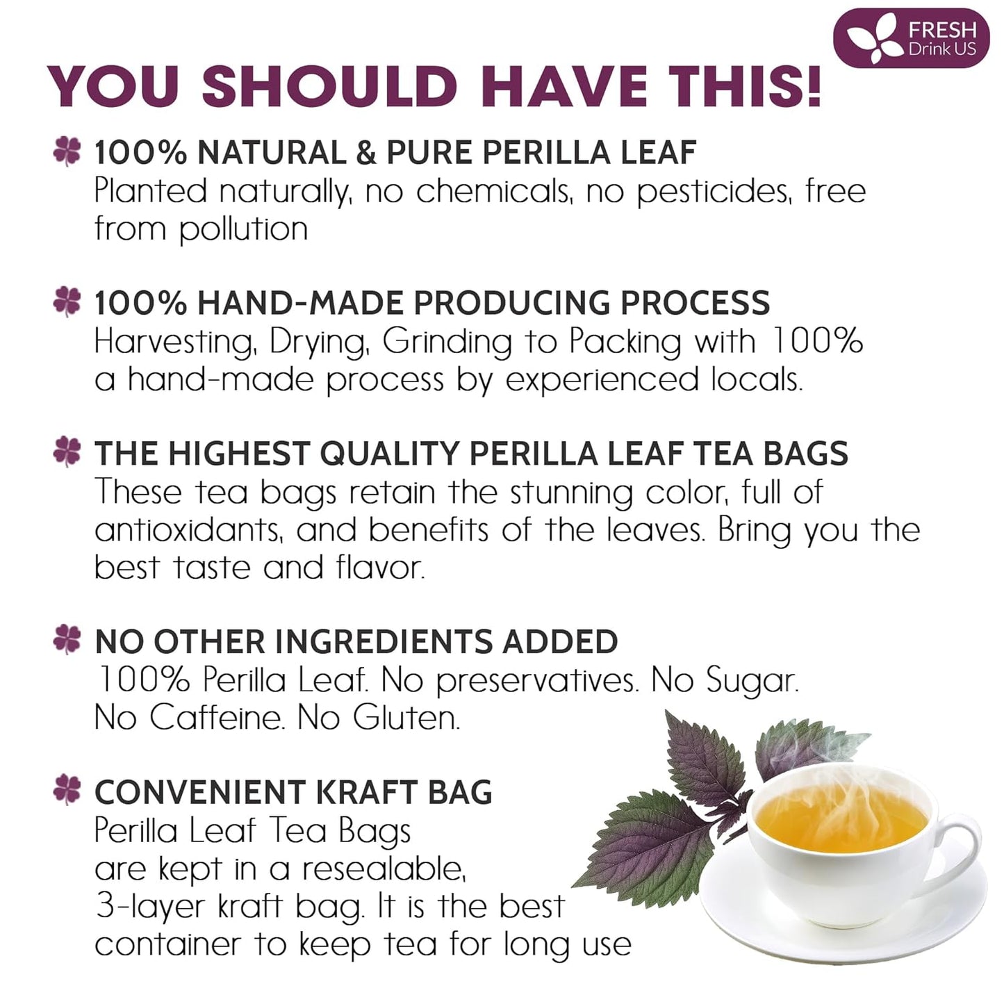 FreshDrinkUS, Premium Perilla Leaf Tea – 40 Tea Bags | 100% Pure Perilla Leaves | Caffeine-Free, Non-GMO, Natural Packaging | Herbal Tea Bags for Daily Enjoyment. Gluten-Free. Sugar-Free. Vegan