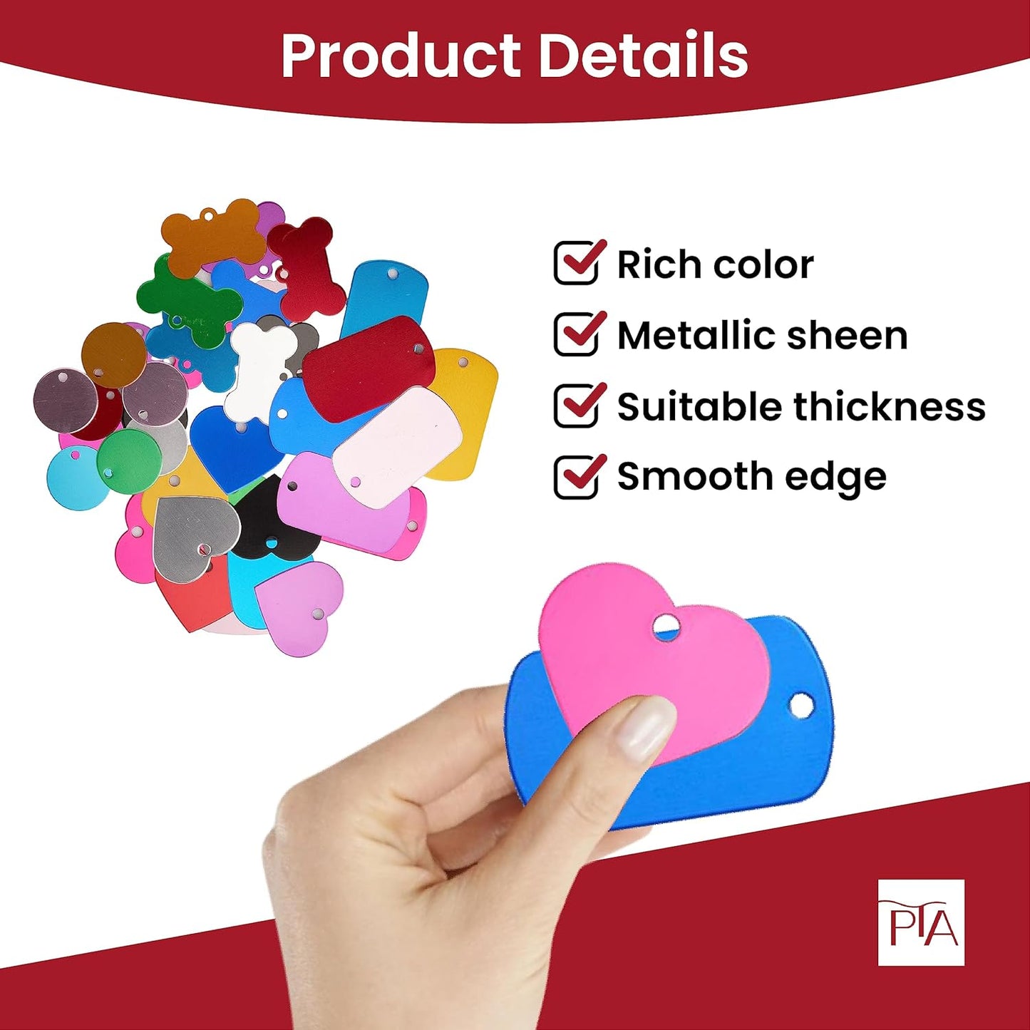 [Press TX Art] 40 Pcs Round(Circle), Bone, Rectangle, Heart Anodized Aluminum Stamping Blanks Tags 10 Mixed Colors Metal Engraving ID Name Tags with Rings (4 Types of Shapes in 10 Colors)