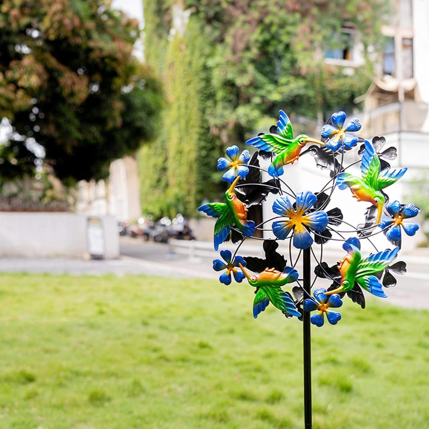 Double Blade Hummingbird Swivel Wind Spinners, Outdoor Garden Spinners 38inch Garden Stakes Decor, Metal Pinwheels for Yard and Lawn