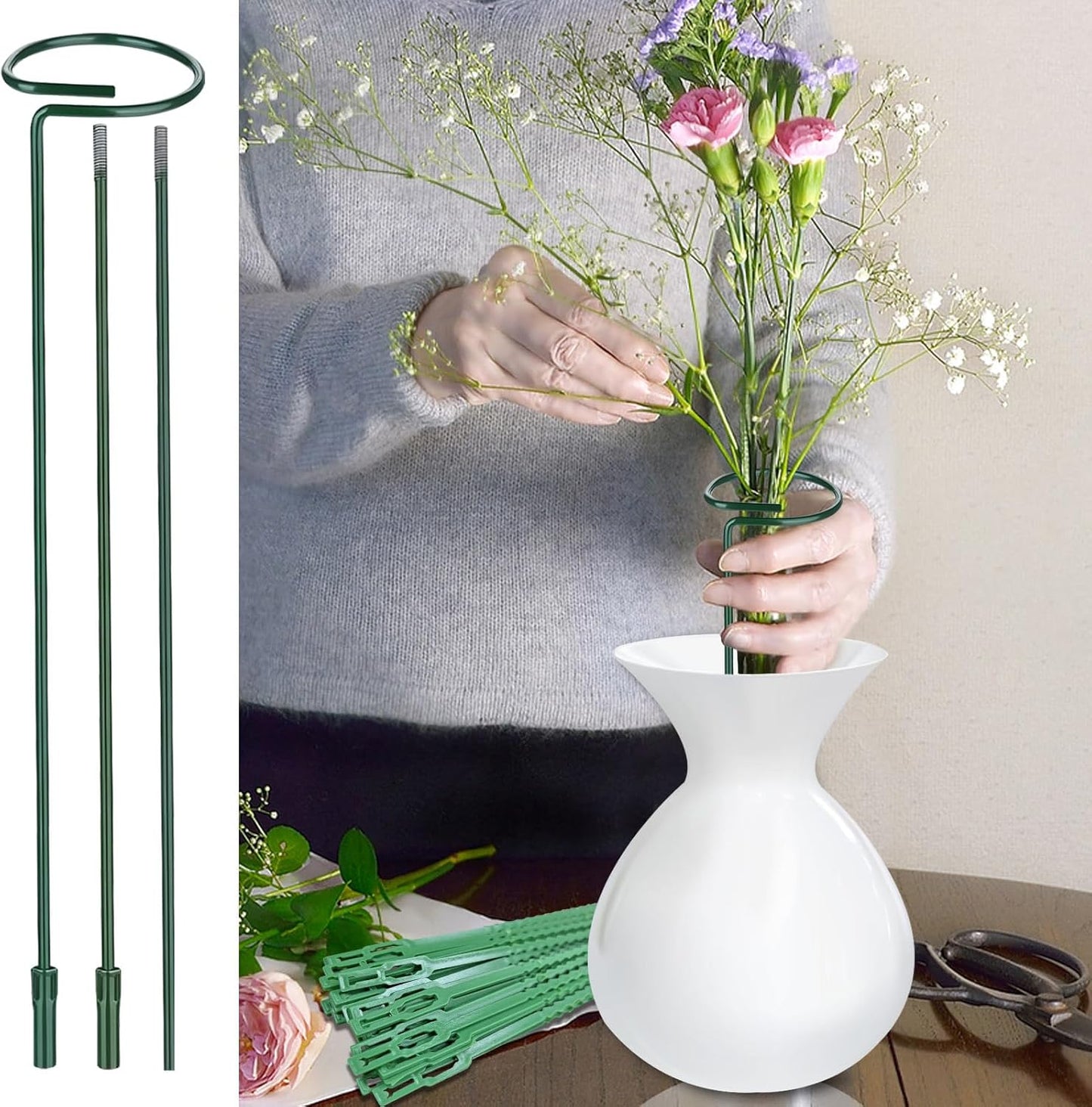 Huakaile 4 Packs Adjustable 35.4" Plant Stakes and Supports with 30 Pieces 9" Twist Ties, Green Plant Holder Stick Outdoor Indoor, Metal Flower Support Stakes Rings for Gardens Vegetables (90 cm)
