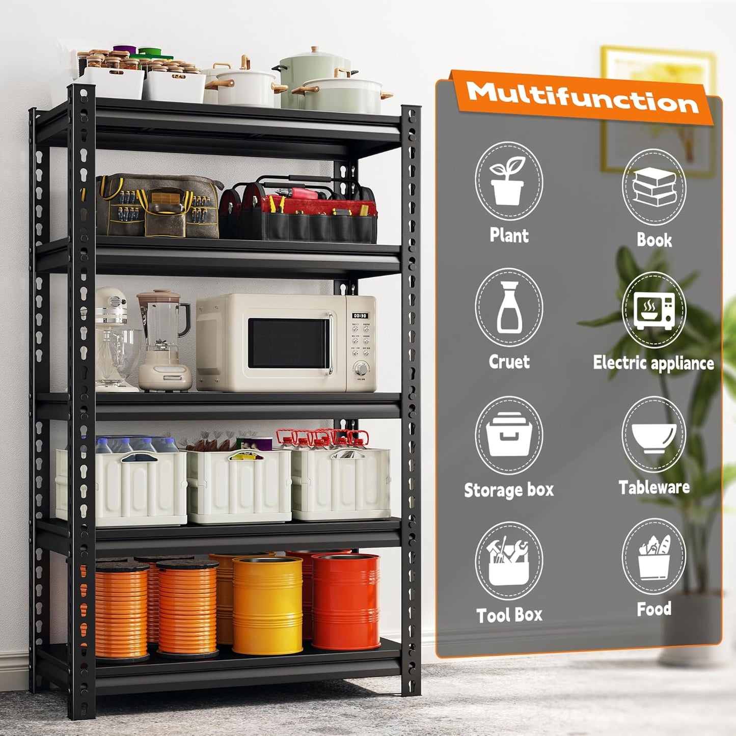 REIBII Storage Shelves, 2000LBS Garage Shelving Heavy Duty, 5 Tier Adjustable Metal Shelving for Garage, Warehouse, Pantry, Kitchen, Basement, 12" D x 27.5" W x 60" H, Black