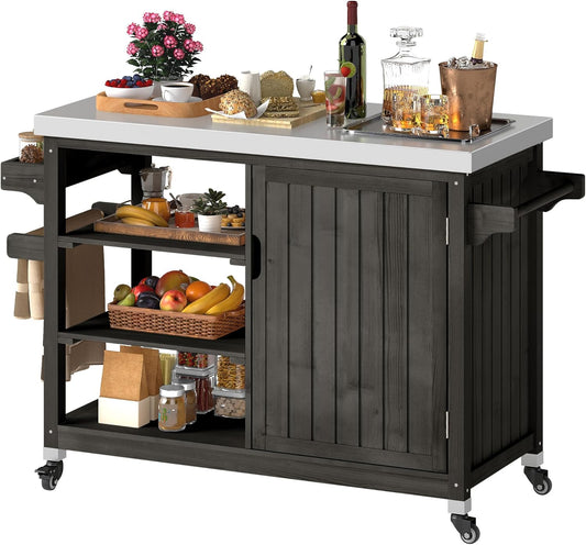 DWVO XL Outdoor Grill Table, Solid Wood Storage Table with Stainless Steel Top, Outdoor Kitchen Cart with Storage Cabinet for Patio, Kitchen Prep, Grilling Accessories, Brown