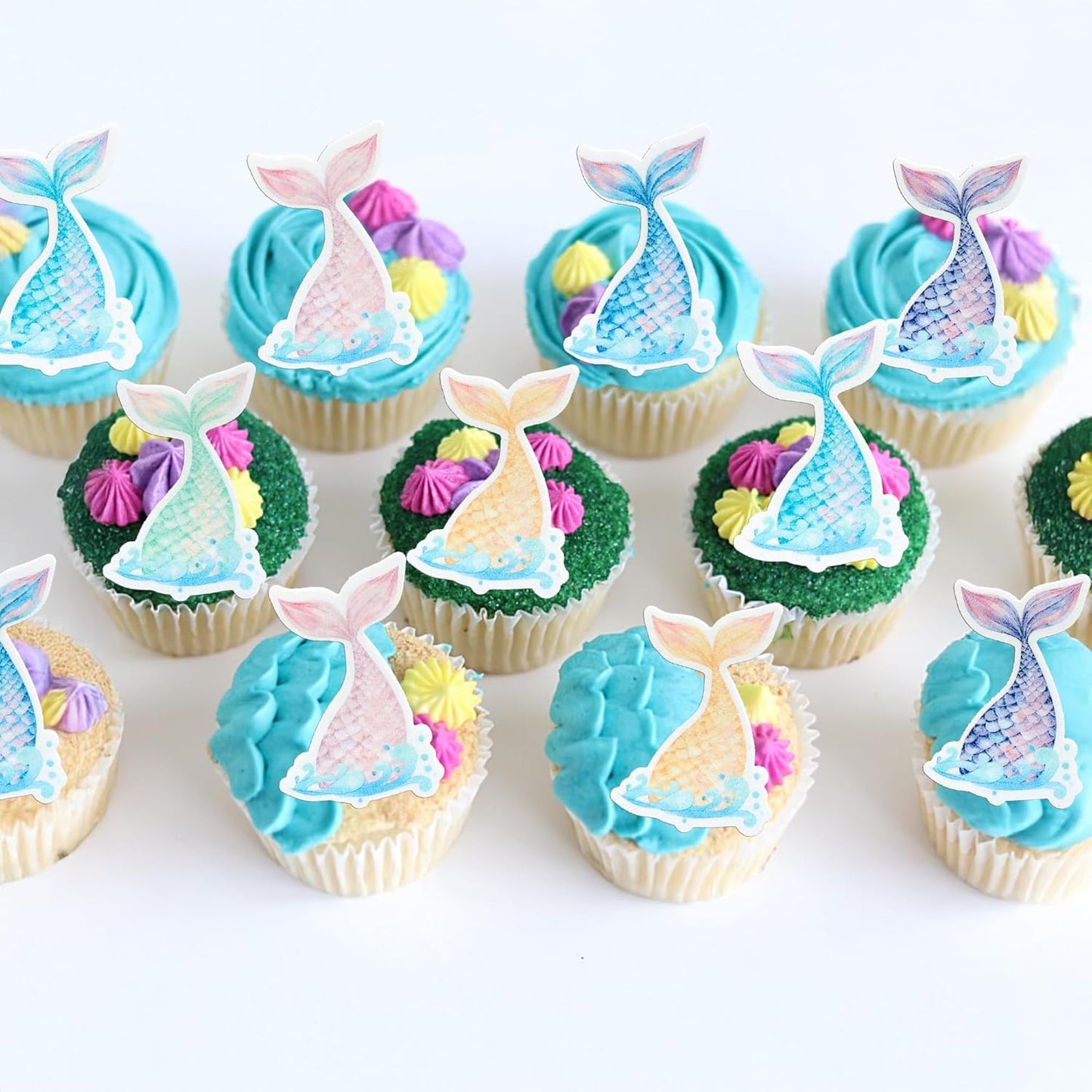 Ephlyn 54Pcs Edible Mermaid Tail Cupcake Toppers Wafer Paper Mini Under the Sea Mermaid Tail Cake Topper Decoration for Ocean theme Birthday Party Supplies Pink Blue Purple