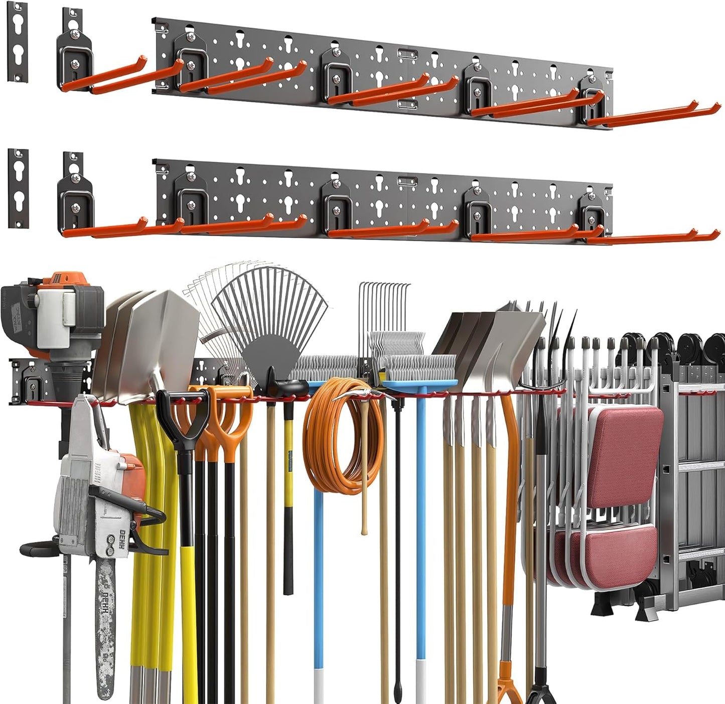 TORACK Garden Tool Organizer Wall Mount, Garage Folding Chair Storage Rack, Tools Rack for Shovels, Rakes, Broom, Ladders, Hooks for Keyhole Style Shelving Unit