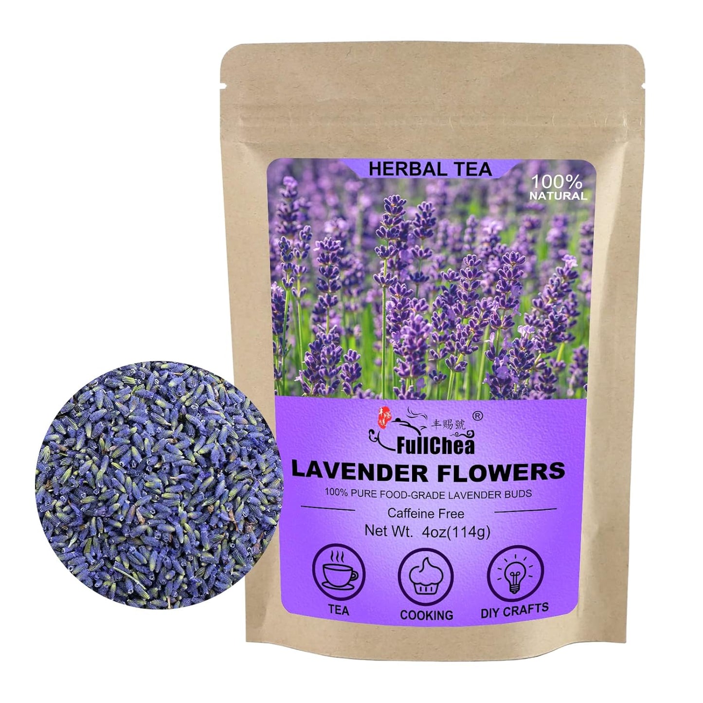 FullChea - Natural Dried Lavender Flowers - 4oz/114g - Premium Food Grade Lavender Buds - Non-GMO - Caffeine-free - Perfect for Tea, Lemonade, Baking, Baths