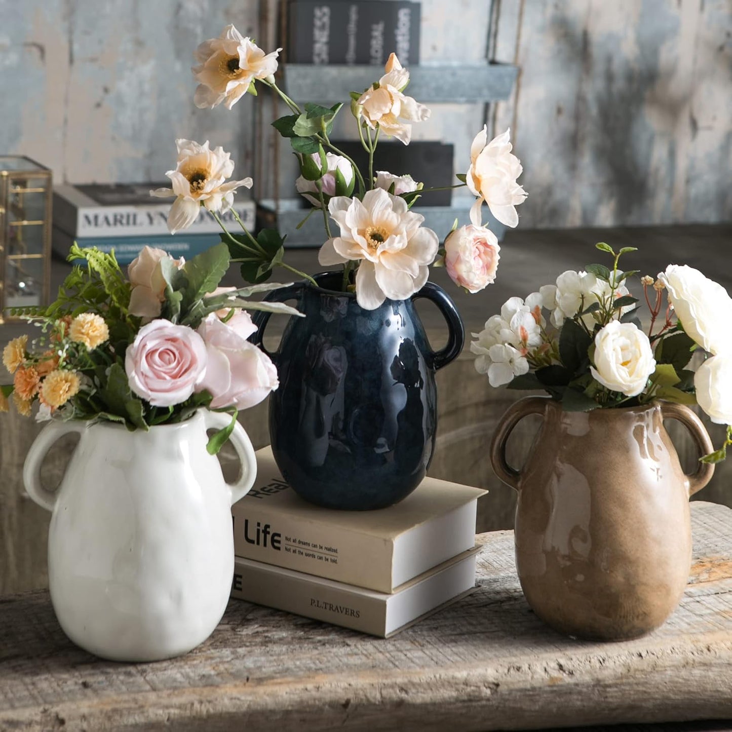 White Ceramic Vase with 2 Handles, Modern Farmhouse Decor, Rustic Terracotta Pottery, Decorative Flower Vases, Clay Small Vase, Centerpiece for Dining Table - 7 Inch Tall