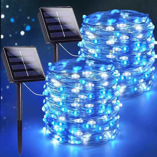 SANJICHA Blue and White Solar String Lights, Extra-Long 2 Pack 144FT 400LED Solar Christmas Lights Outdoor Waterproof, Sliver Wire 8 Modes Twinkle Light for Garden Tree Party Wedding Decorations