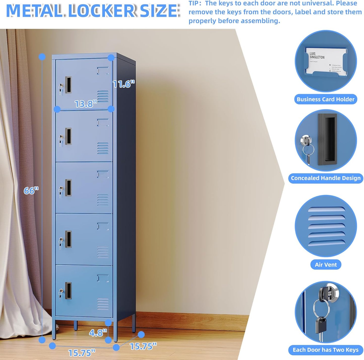 Metal Locker with Lock and Ventilation Holes,Metal Storage Locker with Business Card Slot for Home,Gym,Garage,School,Office,66" H x 15.8" W x 15.8" D Assembly Required,Blue