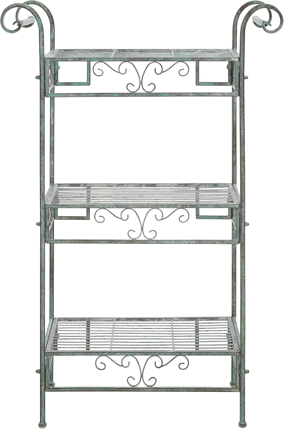 SAFAVIEH Outdoor Collection Noreen Victorian Scroll Antique Dark Green Wrought Iron 3-Tier Shelf