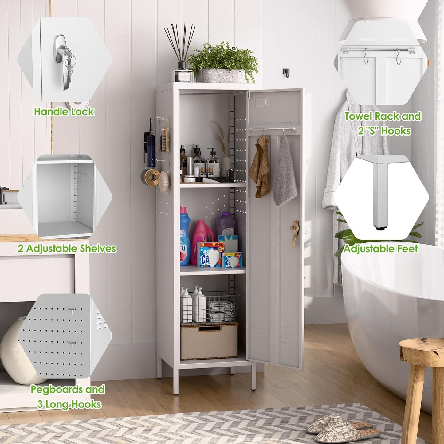 Metal Lockers for Employees with Handle,Metal Storage Locker with 2 Pegboard & 5 Hooks for Gym, School, Office,Home,Garage,White