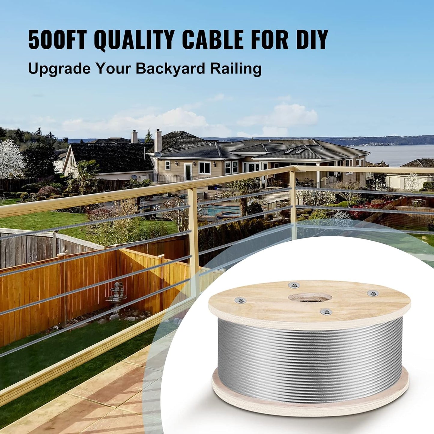 VEVOR 3/16 Stainless Steel Wire Rope 500ft, T316 Steel Wire Cable, Deck Railing 1x19 Strands Construction, 4200LBS Breaking Strength for Stair Handrail Clothesline