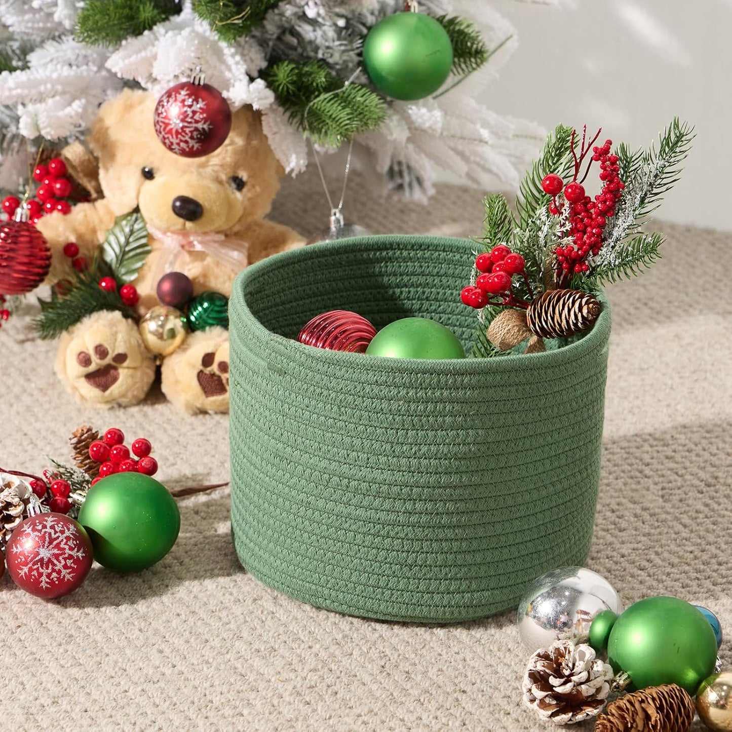 Small Basket for Organizing | Cube Shelf Closet Storage Baskets | 9.7×9.7×7.1” | Woven Rope Gift Basket | Nursery | Round 3 Packs Green