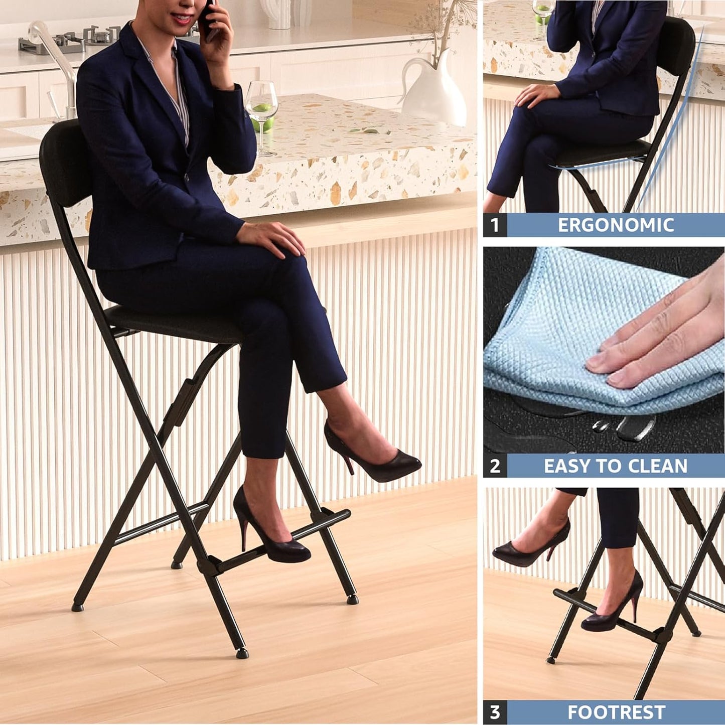 Folding Bar Stool with Backrest,25 Inch Leather Padded Counter Height Foldable Stool,Tall Folding Stool Chair for Gardening Kitchen Shop Cafe, Black (2 Pack)