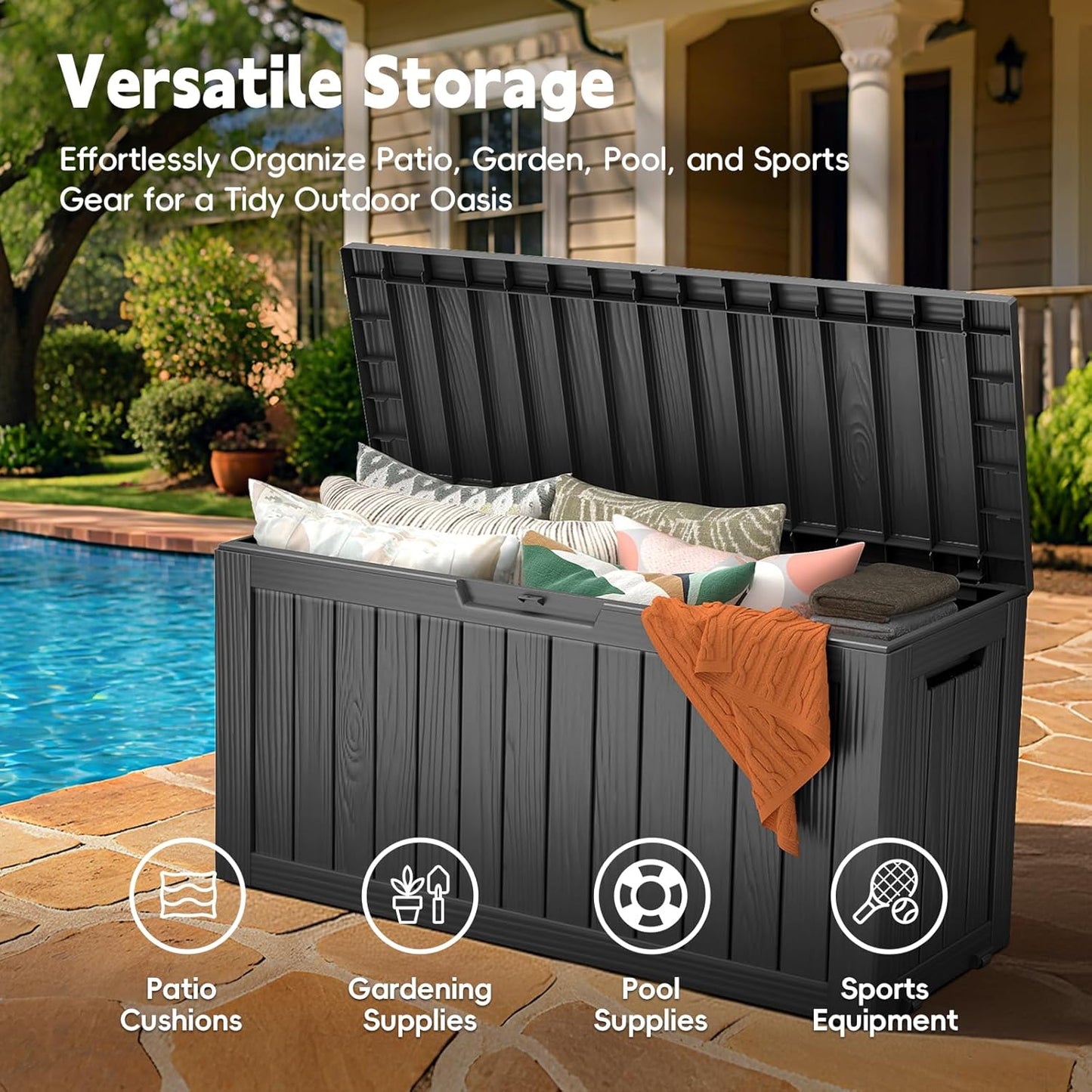 Outdoor Storage Box, 72 Gallon Waterproof Resin Deck Box, Storage Bin for Package Delivery, Patio Furniture Cushion, Garden Tools, Pool Accessories, Weatherproof and UV Resistant, Black