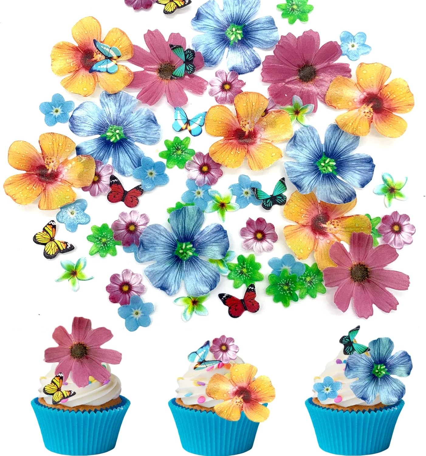 58Pcs Edible Butterfly and Flowers Cake Topper Cupcake Toppers Wedding Themed Party Birthday Cake Decoration Mixed Size & Colour