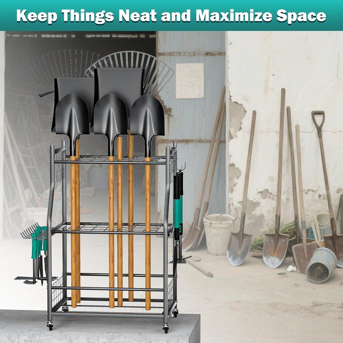 EVERHANGER Garden Tool Organizer Stand, Garage Tool Storage Organization, Yard Tool Racks with lockable wheels, Fit for Long-Handled Tools/Rakes/Brooms, Indoor/Outdoor Use