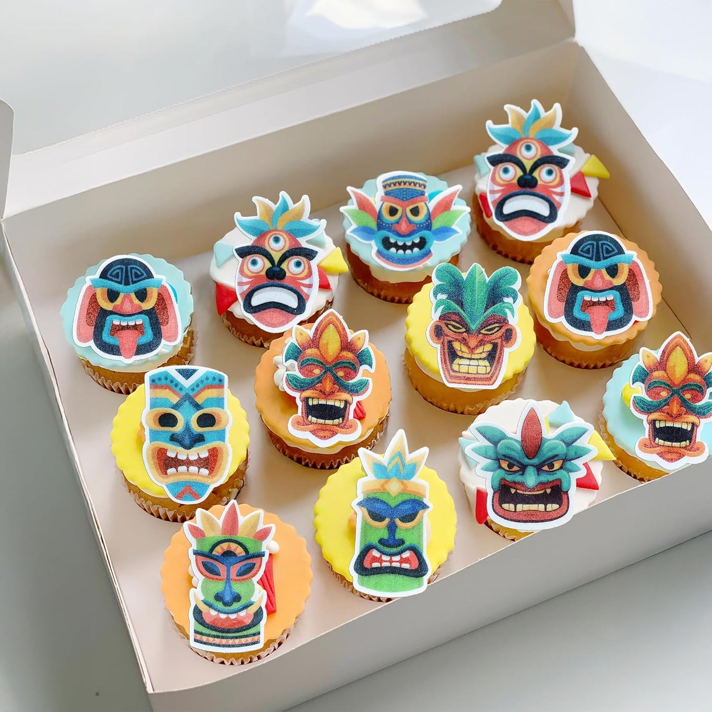 Ephlyn 54Pcs Edible Tiki Tribal Masks Cupcake Toppers Wafer Paper Hawaiian Tropical Tiki Totem Cupcake Picks Summer Aloha Birthday Cupcake Decorations Party Supplies Multicolor