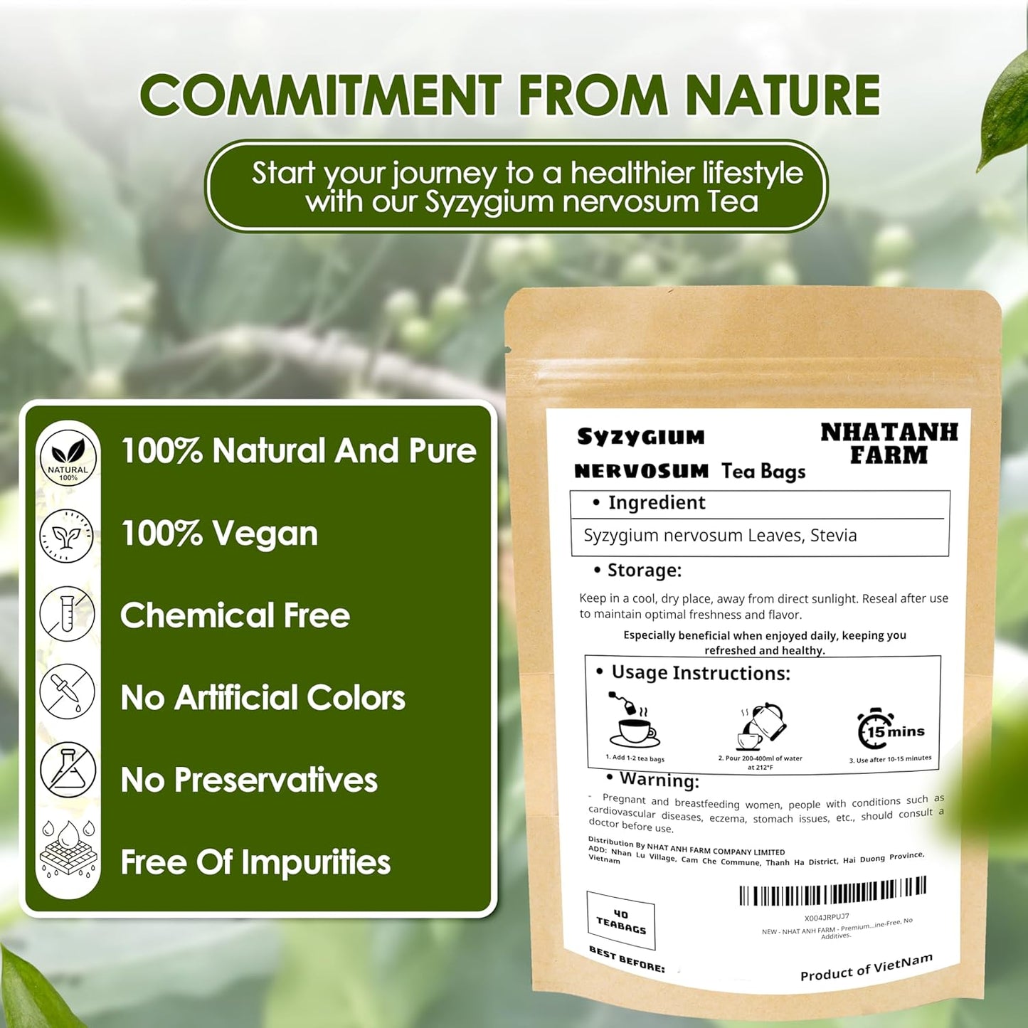 NHAT ANH FARM - Premium Syzygium Nervosum Tea Bags, 100 Syzygium Nervosum Tea Bags, 100% Natural Dried Syzygium Nervosum Leaves, Naturally Sweet Herbal Tea, Sugar-Free, Caffeine-Free, No Additives.