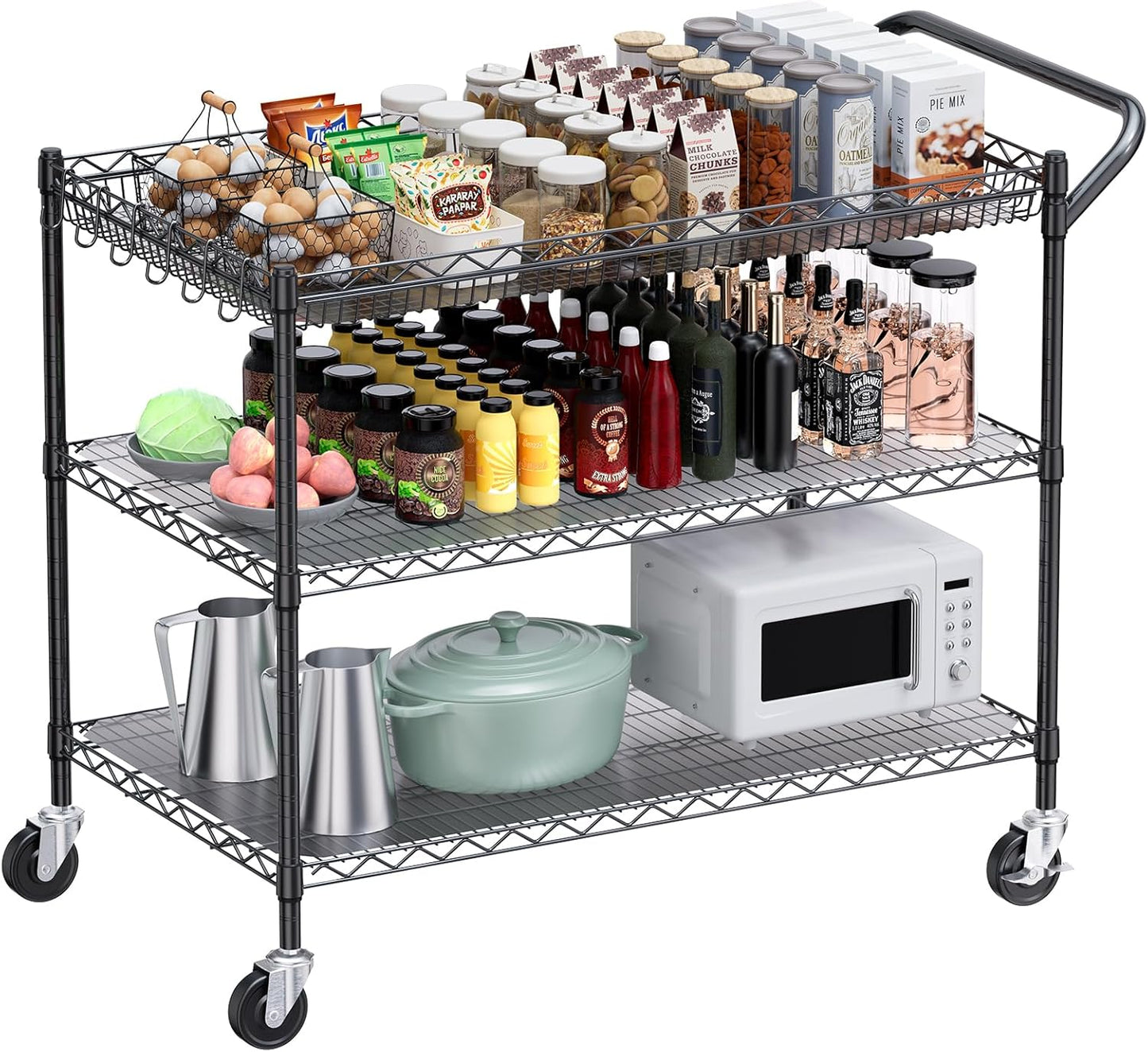 WDT 1350Lbs Capacity Heavy Duty Rolling Utility Cart, Large 3 Tier Rolling Carts with Wheels 24" Dx45 Wx39 H, NSF Commercial Grade Roll Metal Cart, Trolley Serving Cart for Garage, Kitchen, Warehouse