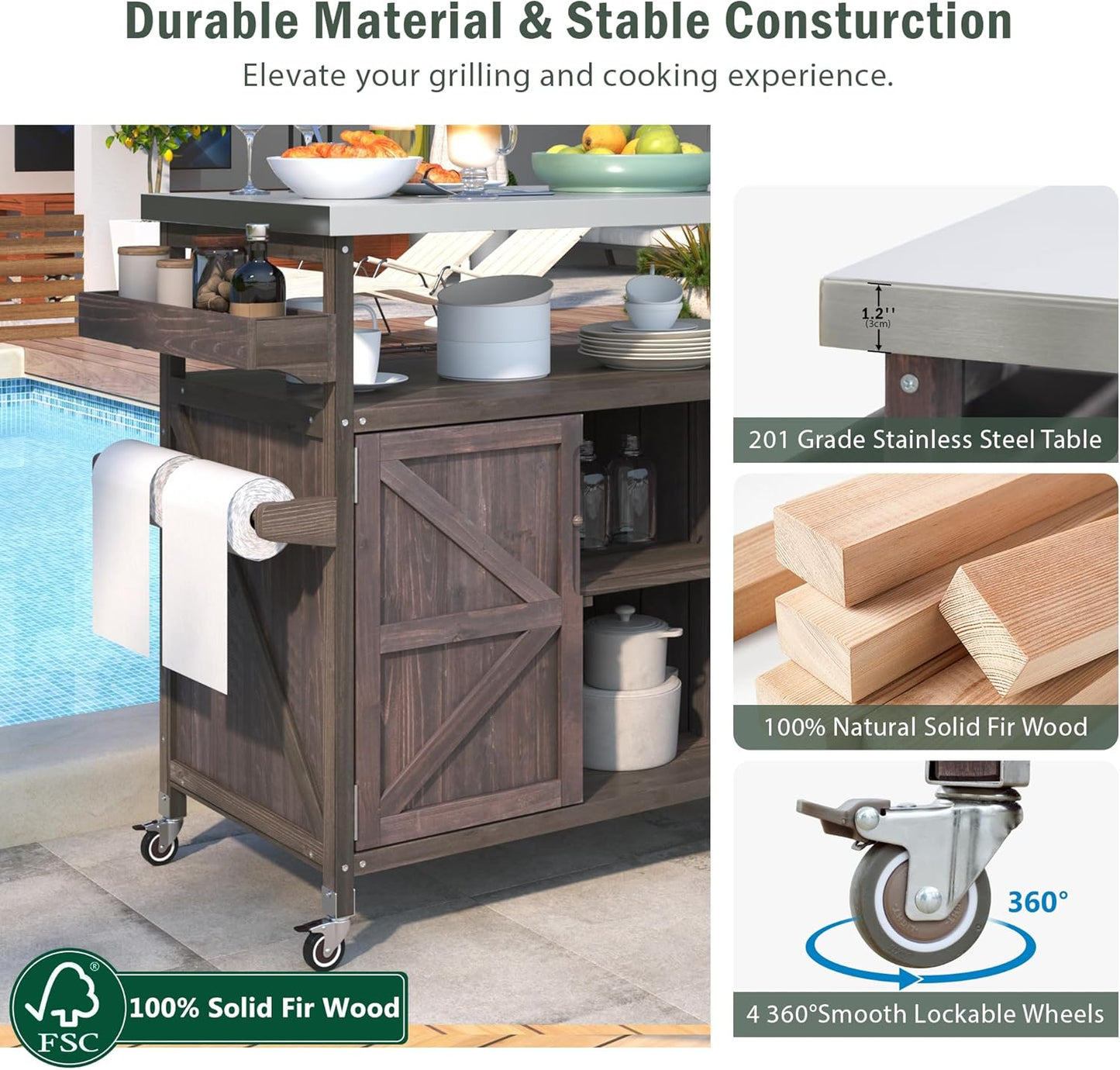 Outdoor Grill Carts for Patio Graden BBQ with Storage Cabinet, Home Rolling Kitchen Island Bar Cart with Stainless Steel Top, Food Prep Table with Shelves, Spice Rack & Towel Holder (Dark Brown)