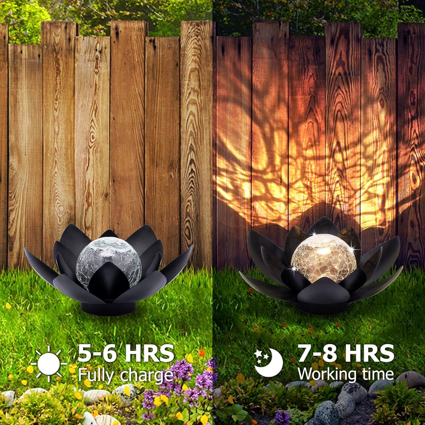 Huaxu Solar Lights Outdoor Garden Decor Metal Black Lotus Decoration, Crackle Globe Glass Waterproof LED Outside Table Lamp for Patio,Lawn, Yard,Walkway,Tabletop,Ground Gifts for Mom