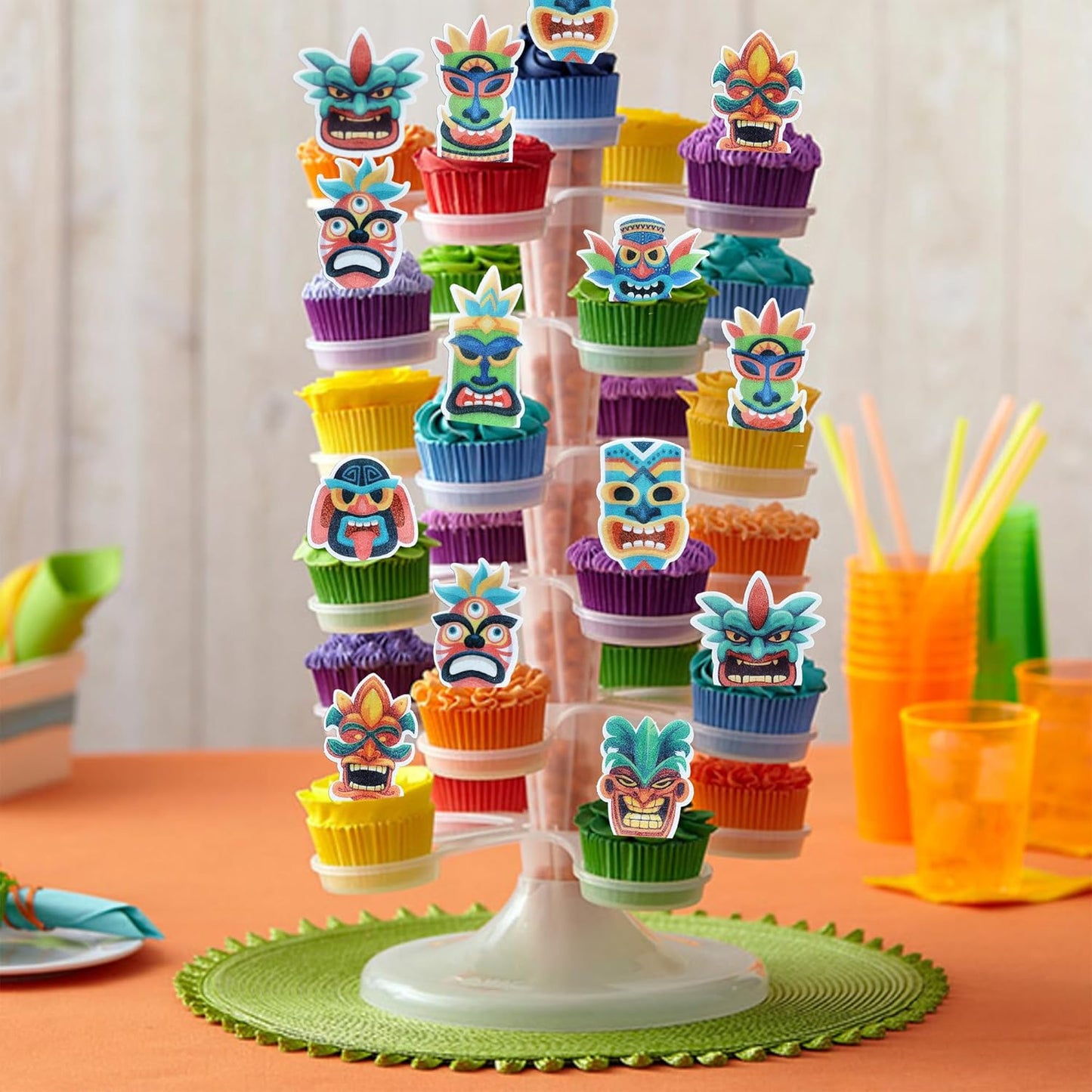 Ephlyn 54Pcs Edible Tiki Tribal Masks Cupcake Toppers Wafer Paper Hawaiian Tropical Tiki Totem Cupcake Picks Summer Aloha Birthday Cupcake Decorations Party Supplies Multicolor