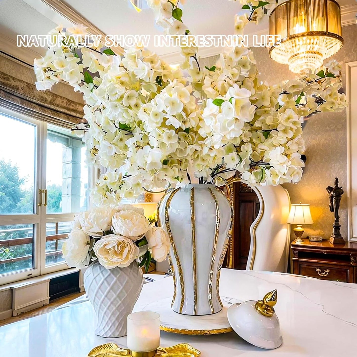 Ginger Jar, White Gold Ceramic Vase Large Handmade Porcelain Vases with Lid, White Gold Decorative Flower Vase for Home, Living Room, Weddings, Centerpieces (18in with Lid)