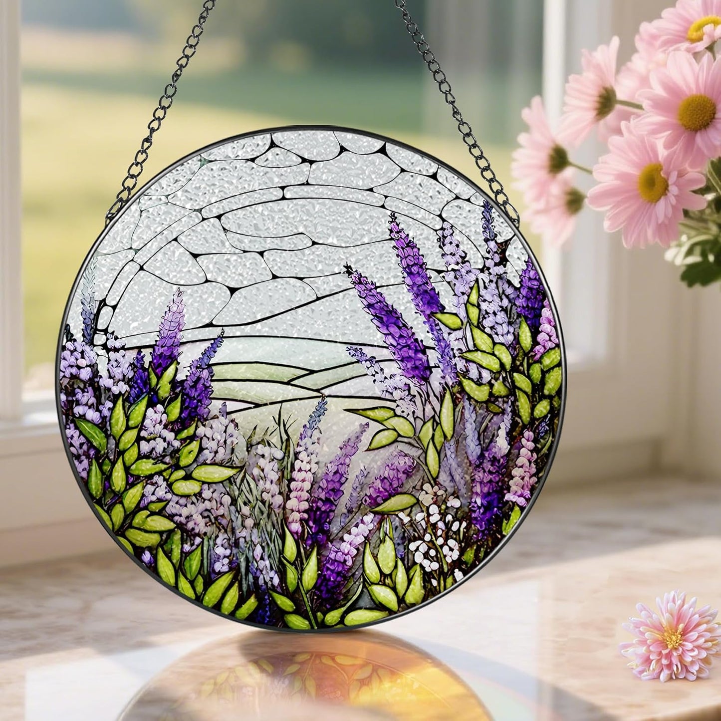 Lavender Flower Stained Glass Suncatcher, Stained Glass Window Hanging, 8 Inch Green Plants Suncatcher Decor for Birthday for Women, Wife, Lovers, Mom, Grandma, Gift Idea