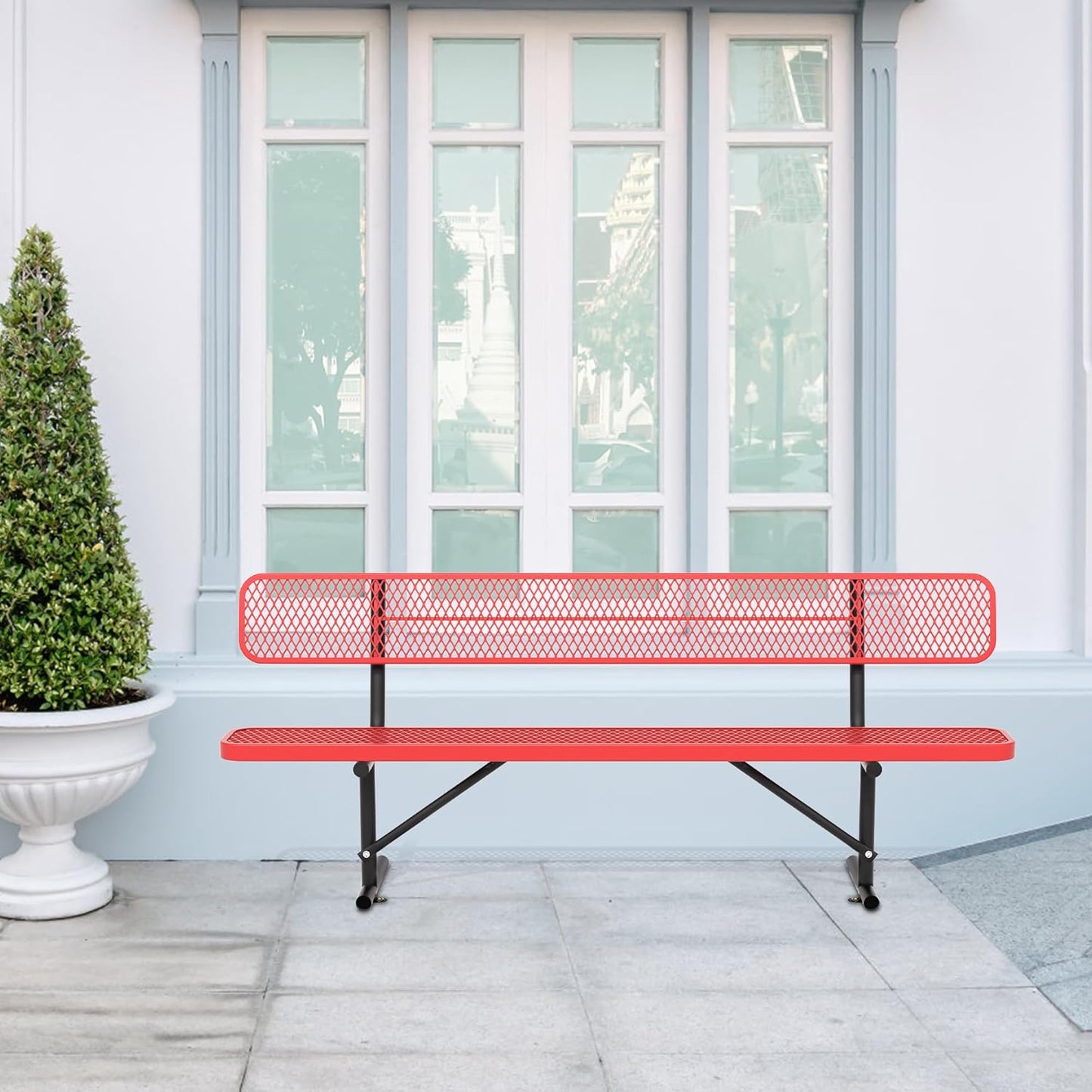 4/6/8 Feet Park Bench for Outside Heavy Duty Metal, Garden Benches Outdoor Bench with Backrest & Portable Frame, for Shopping Malls Stores Parks Patios Decks, Red