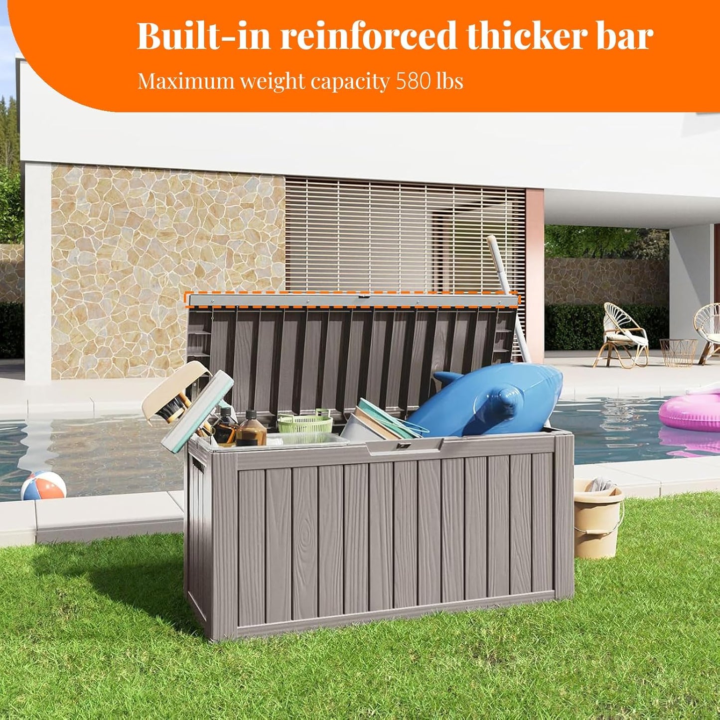 80 Gallon Resin Deck Box, Lockable Patio Outdoor Storage Box for Furniture, Garden Tools and Tools Storage, Waterproof Outside Storage Boxes - Grey