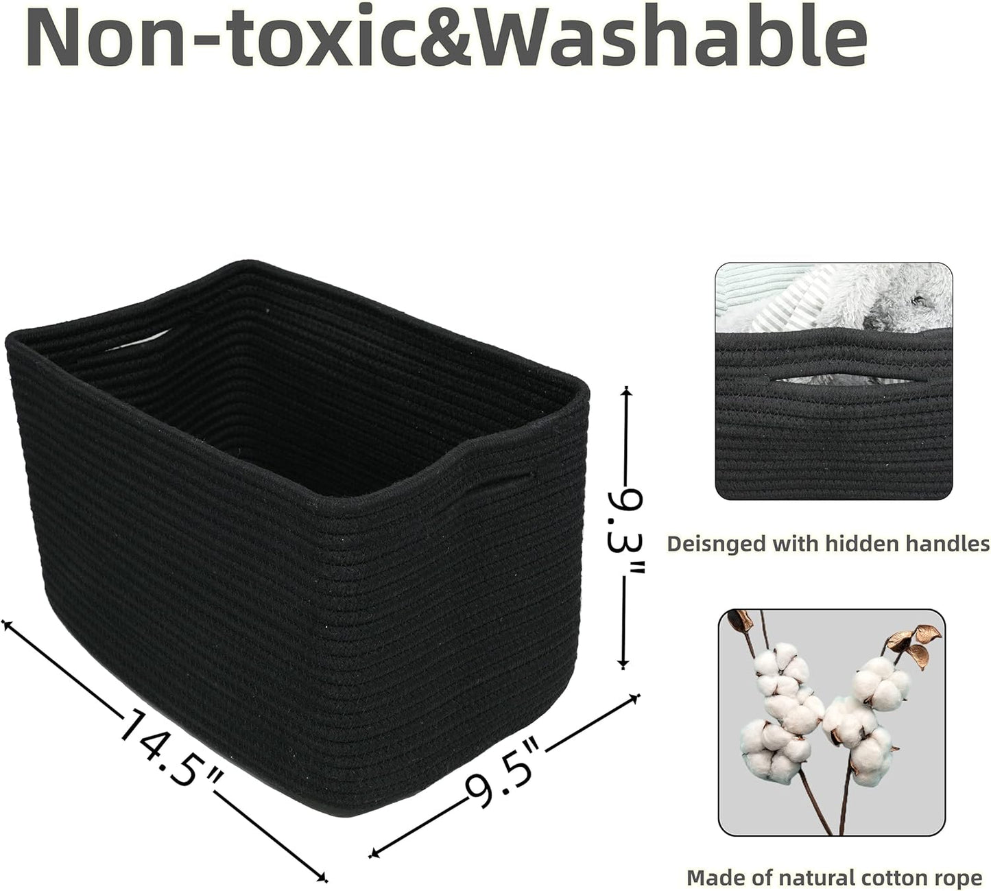 Cotton Rope storage Basket Bins 14.5X9.5X9.3“ Woven Basket for Organizing Shelves Rectangle Decorative Baskets For storage Clothes Toys Books Towels Square Wicker Nursery basket organizer 3 pack black