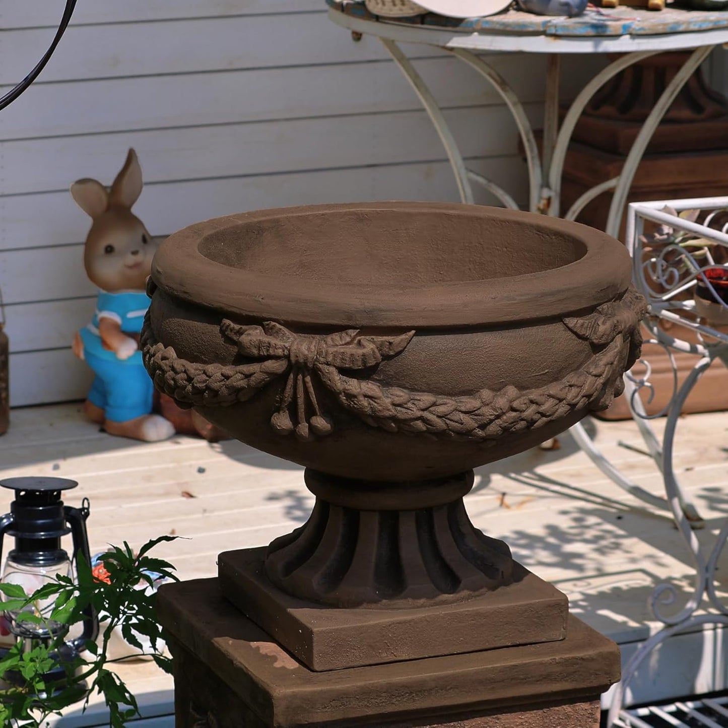 Vintage Garden Urn Planter with Pedestal, Cement and Fiber, Maked Bronze Color, Decorative Leaf Pattern, 30 Inch Height, Wrap Foam Safely Delivered from Local Warehouse (Bronze)