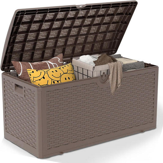 80 Gallon Pro Outdoor Storage Box Waterproof Lockable Resin Deck Box Large, Patio Storage Bin for Pool Accessories Cushion Furniture, Garden Tools, UV-Resistant Outside Delivery Brown