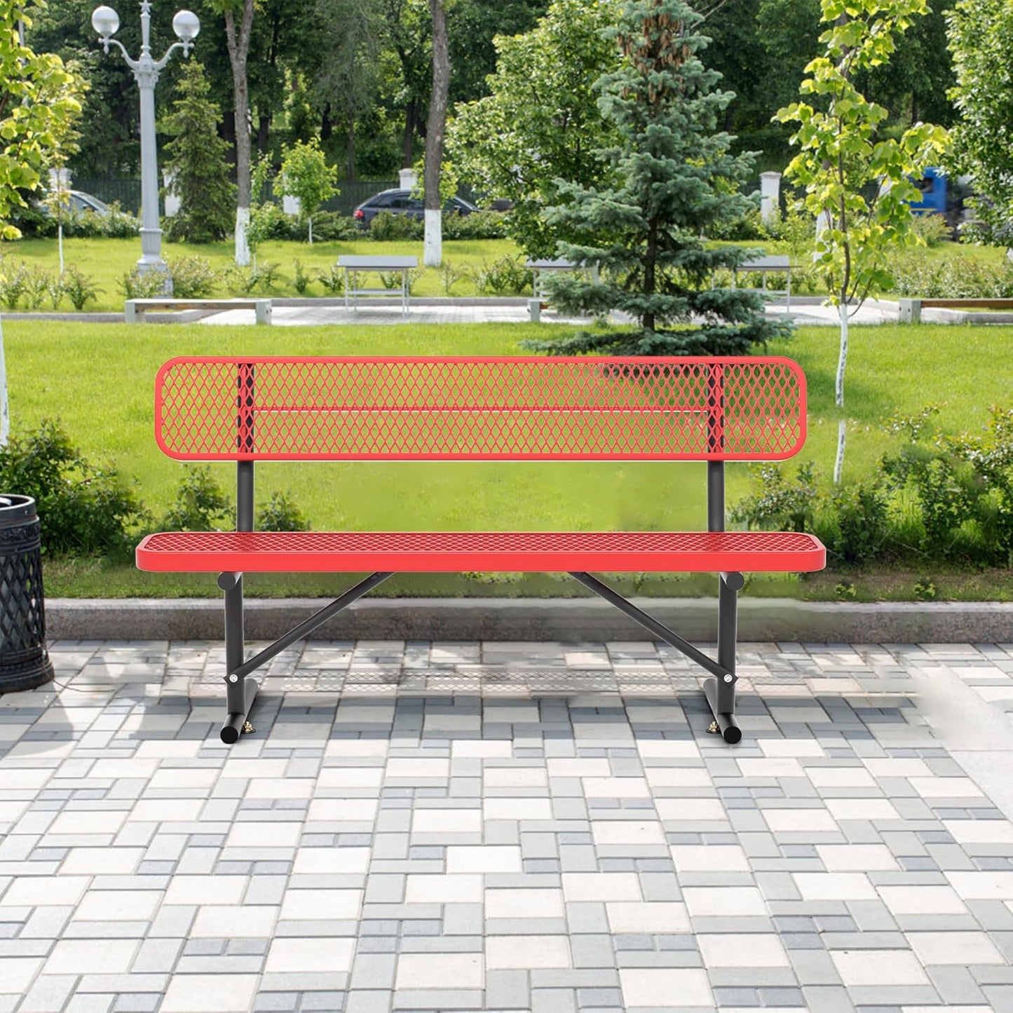 4/6/8 Feet Park Bench for Outside Heavy Duty Metal, Garden Benches Outdoor Bench with Backrest & Portable Frame, for Shopping Malls Stores Parks Patios Decks, Red