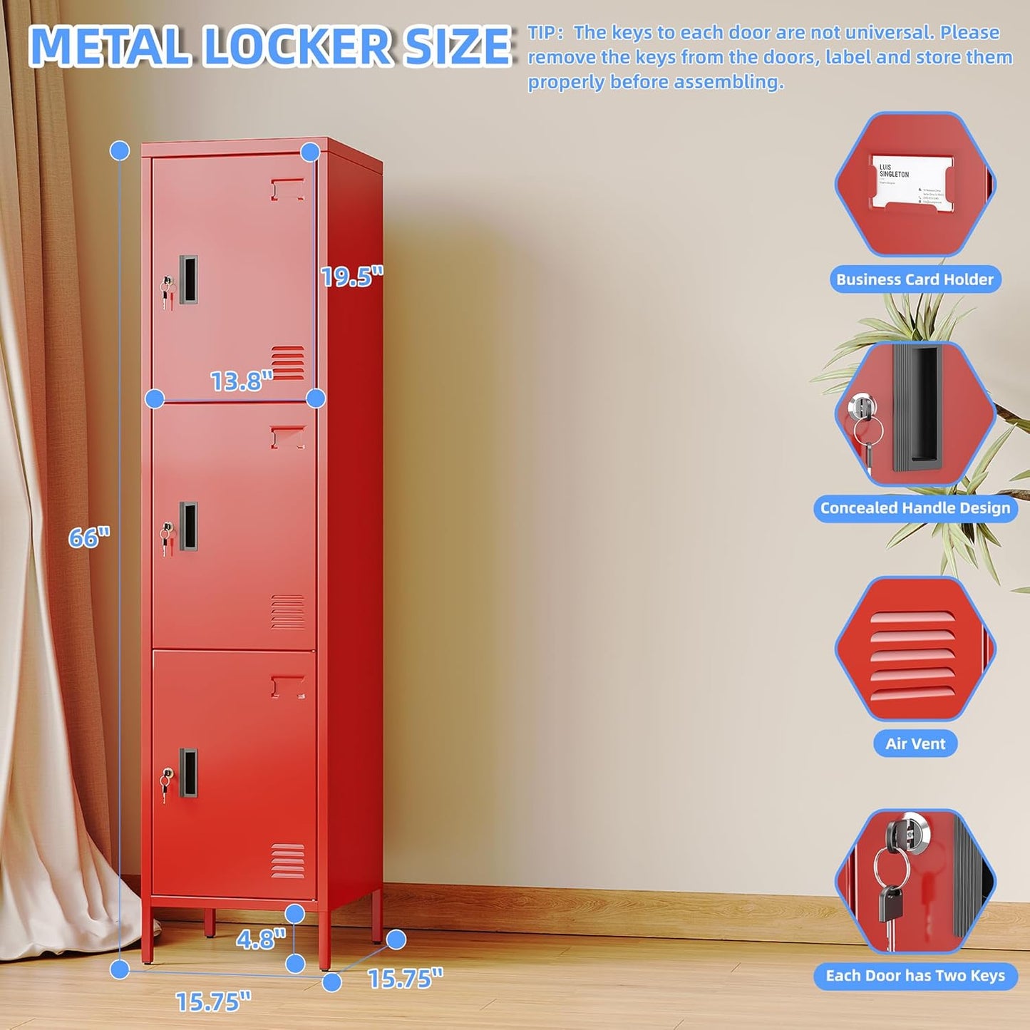 66" H*15.75" D*15.75" W Steel Storage Cabinet,3 Doors Metal Storage Locker for Employees,Employee Lockers with Lock,Hooks and Card Slot for School Gym Home Office, Assembly Required,Red,240 LBS